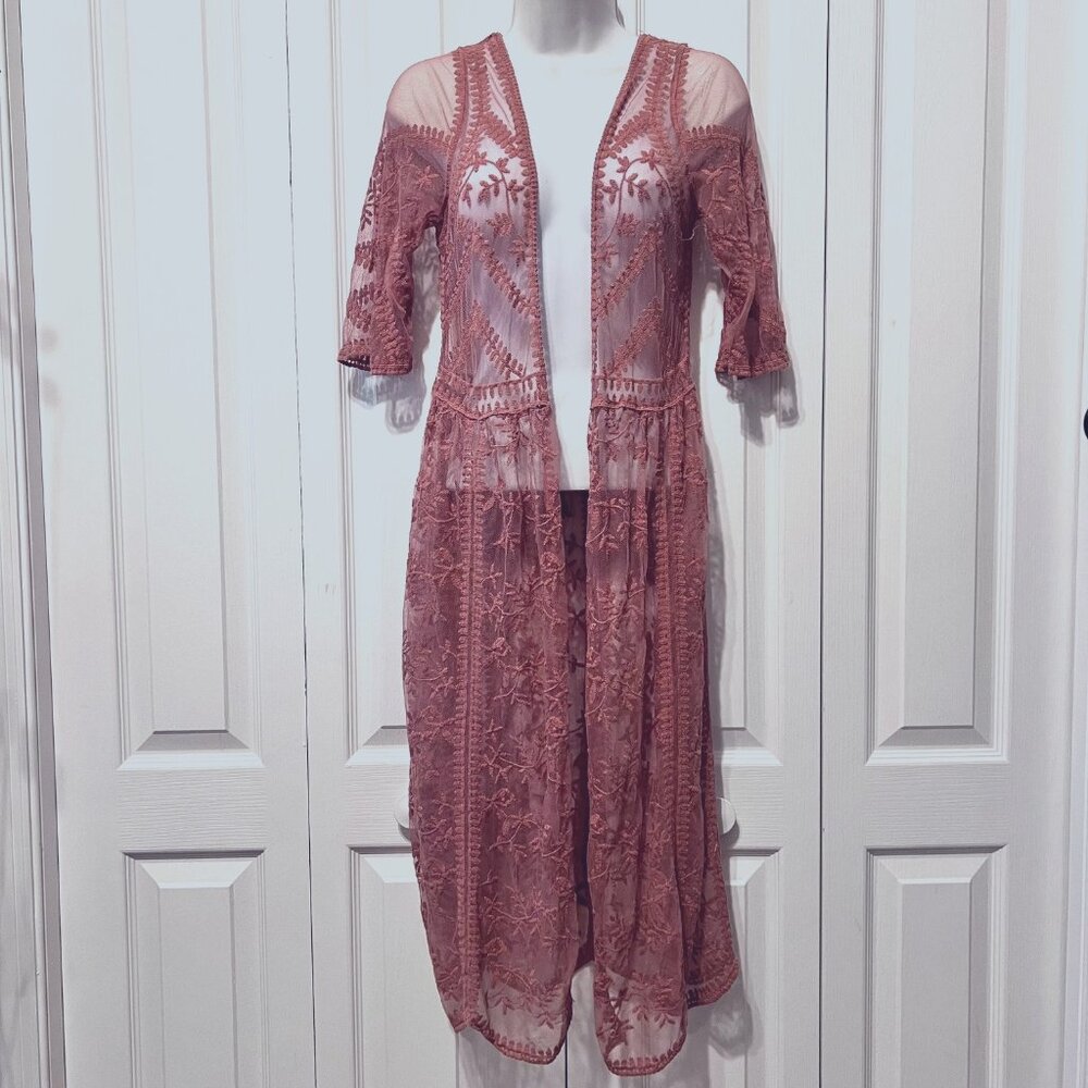 Style Apparel-Rust Lace Kimono Duster/Sheer-Embroidered Long Short Sleeve-Size S